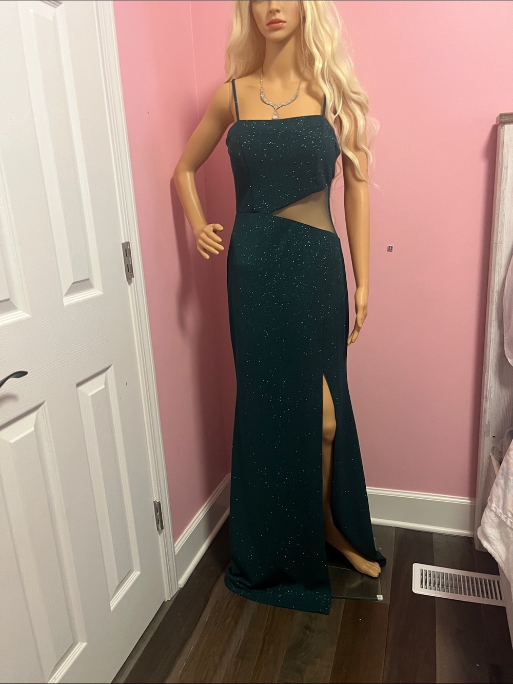 Trixxi Dark Teal Sparkle Cutout Prom Dress